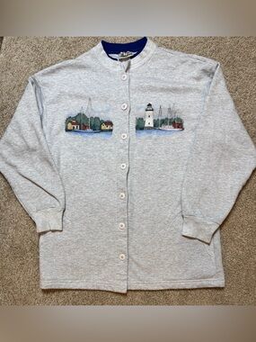 Coastal Grandma Nautical Lighthouse Cardigan Sweater Large w pockets Day Breeze